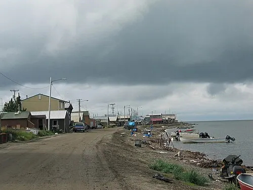 Kotzebue waterfront on Front Street — the Iñupiat-owned Nullagvik Hotel sits within this strip, a short walk from the airport.