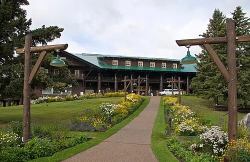 Glacier Park Lodge, the 1913 Great Northern Railway hotel at East Glacier Park, with the dining room inside.