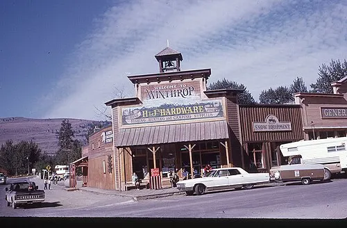 The western-themed boardwalk main street of Winthrop, Washington, the eastern gateway town on State Route 20 (substitute image for the gateway eat entry).
