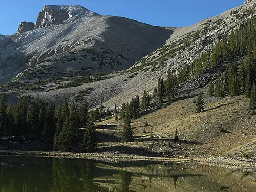 Stella Lake reflecting Wheeler Peak on the Alpine Lakes Loop in Great Basin National Park.