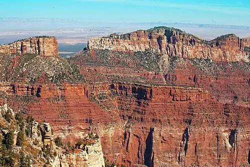 The canyon seen south from Bright Angel Point on the higher, pine-covered North Rim.