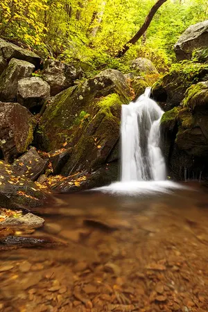 Water cascading down the rock face of Dark Hollow Falls in Shenandoah National Park.