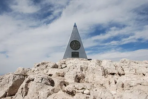 The stainless steel pyramid marker on the summit of Guadalupe Peak, the highest point in Texas at 8,751 feet.