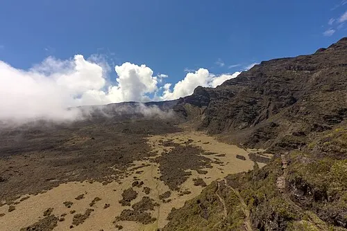View south into the Haleakalā Crater basin, an eroded depression with cinder cones on the floor in the Summit District.