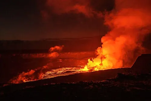 Lava erupting within Halemaʻumaʻu crater at the summit of Kīlauea, June 2023.