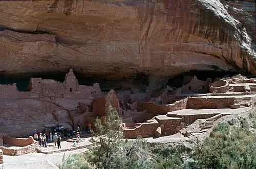 Long House, the second-largest cliff dwelling at Mesa Verde, a wide row of masonry rooms along a sandstone ledge on Wetherill Mesa.