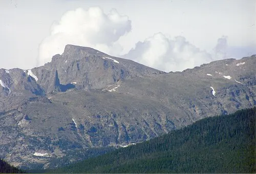 Longs Peak, the 14,259-foot summit and only fourteener in the park, seen from Trail Ridge Road.