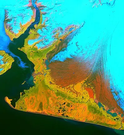 Satellite false-color ASTER image of the Malaspina Glacier, the largest piedmont glacier in North America, showing swirled moraine bands where the ice fans onto the coastal plain.