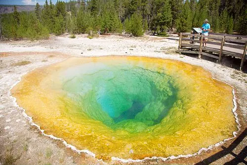 Morning Glory Pool with its blue center ringed by yellow and orange microbial mats from coin-cooled water.