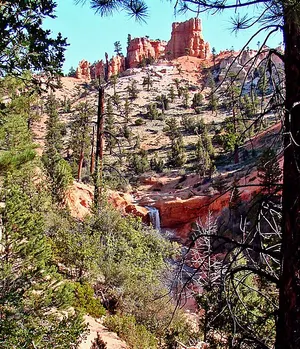 The small waterfall on the Tropic Ditch along the Mossy Cave Trail, dropping over a red rock ledge into a shallow pool.