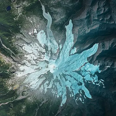 Lidar and photo blend of Mount Rainier showing the 14,410-foot stratovolcano and its glacier-carved upper slopes.