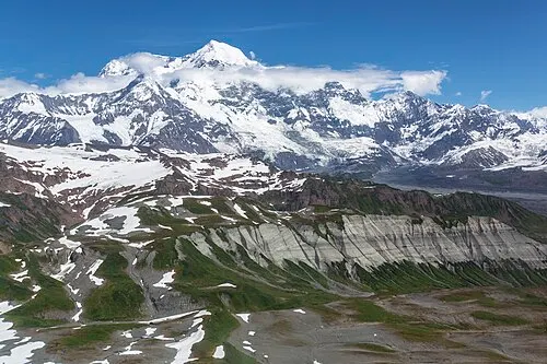 Mount Saint Elias, 18,008 feet, the second-highest peak in the United States, rising in snow above the glaciers of Wrangell-St. Elias.