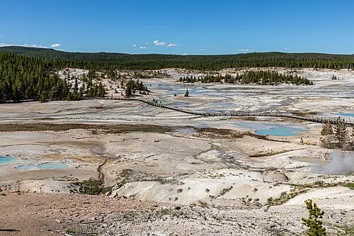 Steam rising from the pale mineral floor of Norris Geyser Basin's Porcelain Basin under a blue sky.