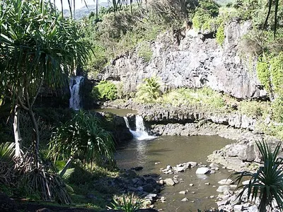 Stream pools of ʻOheʻo Gulch stepping down toward the ocean in the Kīpahulu District of Haleakalā National Park.