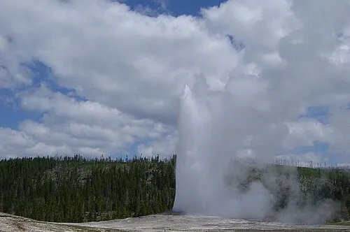 Old Faithful geyser erupting above the Upper Geyser Basin, water and steam rising in a tall column against blue sky.