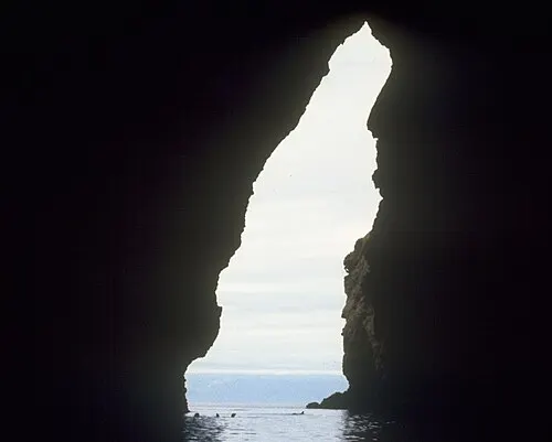 The mouth of Painted Cave on Santa Cruz Island, a tall sea-cave entrance colored by lichens and algae.