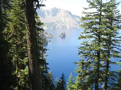 The jagged rock island called Phantom Ship rising from Crater Lake below the dark south caldera wall.