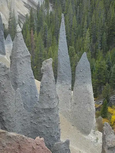 Eroded spires of welded pumice and ash, the fossil fumaroles called the Pinnacles, along a canyon wall at Crater Lake.