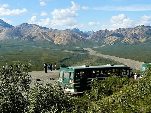 Banded red and orange volcanic rock at the Polychrome overlook, Mile 46 of the Denali Park Road.