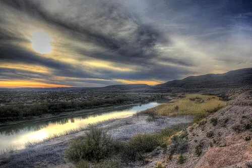 The Rio Grande winding through floodplain vegetation near Rio Grande Village in the east district of Big Bend National Park.
