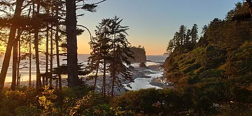 Sea stacks and driftwood at Ruby Beach on the Olympic coast at sunset.
