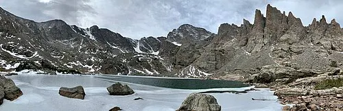 Sky Pond below the Cathedral Spires at the head of Glacier Gorge in Rocky Mountain National Park.