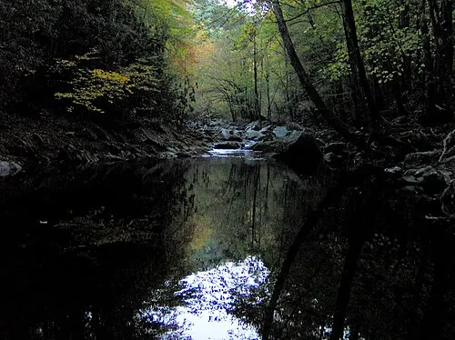 The Middle Prong of Little River drops over a low cascade in the Tremont section south of Townsend, Tennessee.