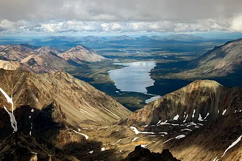 Lower Twin Lake, a glacier-fed lake ringed by mountains in Lake Clark National Park and Preserve.