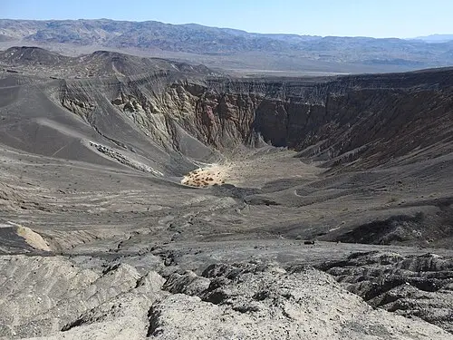 The steep banded walls of Ubehebe Crater, a volcanic maar at the north end of Death Valley.