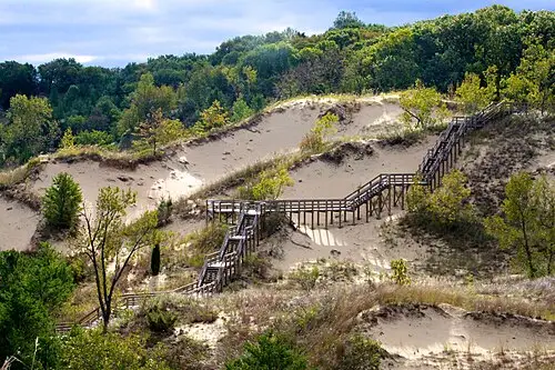 Wooden staircase of the Dune Succession Trail climbing the dune above West Beach at Indiana Dunes.