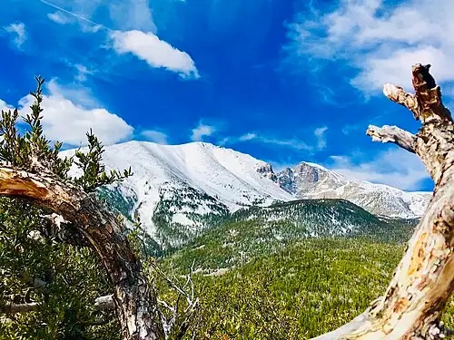 Snow-streaked Wheeler Peak rising above the Snake Range in Great Basin National Park.
