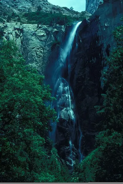 Yosemite Falls dropping 2,425 feet in spring snowmelt over the granite Valley wall.