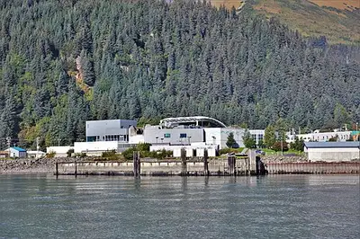 The Alaska SeaLife Center building on the Resurrection Bay waterfront in Seward, Alaska.