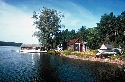Preserved wooden buildings of the Edisen commercial fishery on the Isle Royale shore.