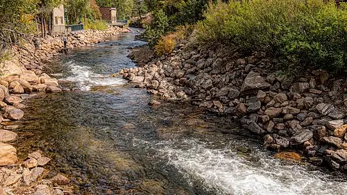 Downtown Estes Park along the Big Thompson River, the east gateway to Rocky Mountain National Park.