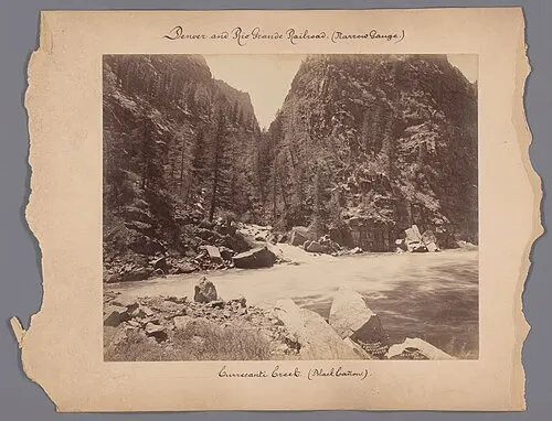 Historical photograph of the Gunnison canyon from the tunnel era, illustrating the 1909 Gunnison Tunnel story.