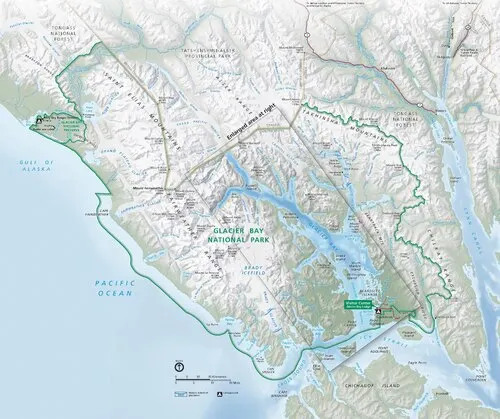 Official National Park Service map of Glacier Bay showing Gustavus, the road to Bartlett Cove, and the bay's two arms.