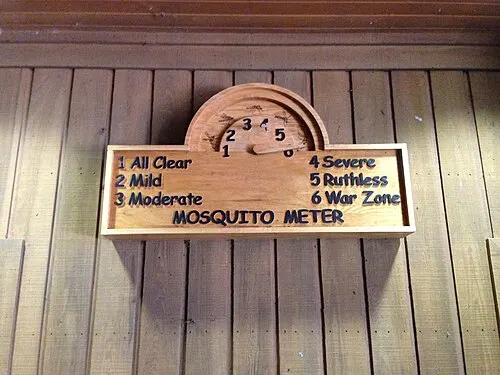 The Mosquito Meter sign at the Harry Hampton Visitor Center showing levels from All Clear to War Zone.