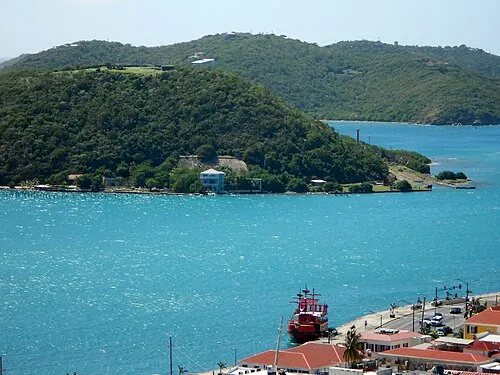 Hassel Island in Charlotte Amalie harbor, St. Thomas, with historic ruins on its slopes.