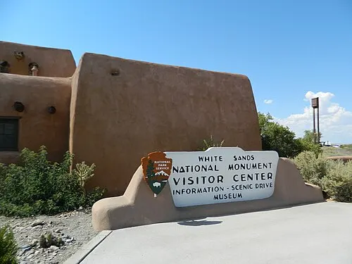 The 1930s Pueblo Revival adobe visitor center at White Sands, built by the Civilian Conservation Corps and home to the Trading Post gift shop.