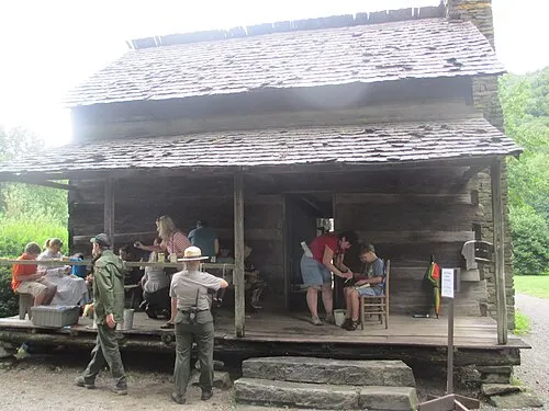 A reassembled 19th-century mountain homestead at the Mountain Farm Museum near the Oconaluftee Visitor Center.