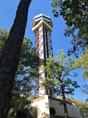The Hot Springs Mountain observation tower seen from below against a clear sky.