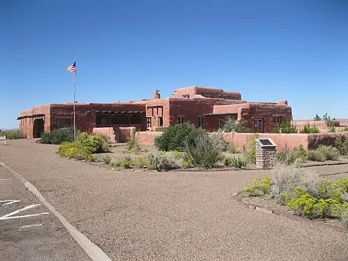 Pueblo Revival adobe exterior of the Painted Desert Inn National Historic Landmark, Petrified Forest National Park.