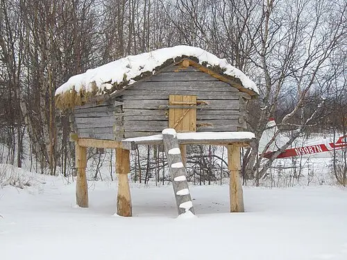 The historic Trefon Dena'ina fish cache on the lakeshore at Port Alsworth, the Dena'ina gateway community to Lake Clark.