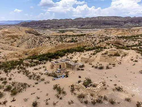 Adobe and stone ruins of the early-1900s mercury-mining settlement at Terlingua Ghost Town near Big Bend National Park.