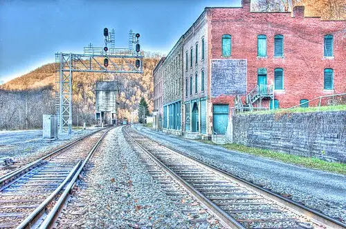 Empty storefronts along the main street of the former coal-era rail town of Thurmond, West Virginia.