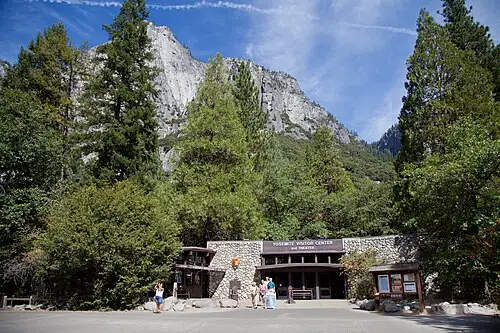 The Yosemite Valley visitor center and museum area in Yosemite Village, near the reconstructed Indian Village of Ahwahnee.