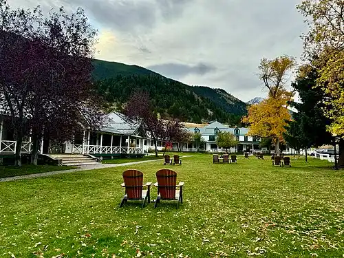 The Chico Hot Springs main pool and bathhouse in Pray, Montana, with Paradise Valley ranchland behind.