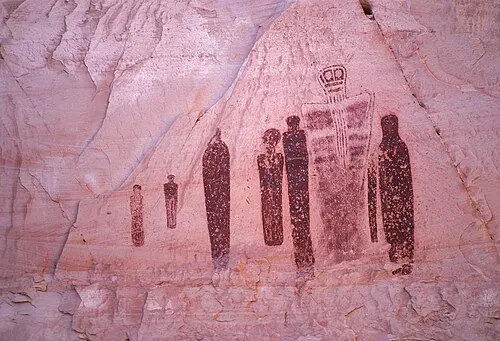Detail of the Barrier Canyon Style rock art at the Great Gallery, the heritage the park Junior Ranger booklet teaches (substitute; the heritage the booklet teaches, not a literal program photo).