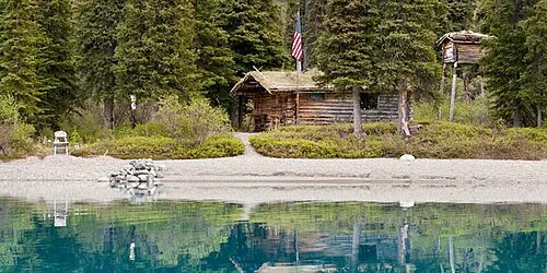 Dick Proenneke's hand-built log cabin at Upper Twin Lake, on the National Register of Historic Places, Lake Clark National Park.